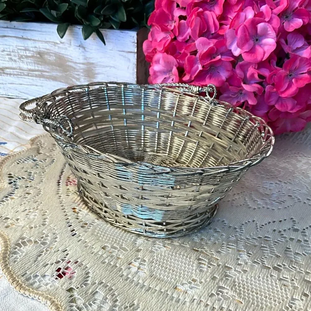Vintage silver-plated woven metal wire basket